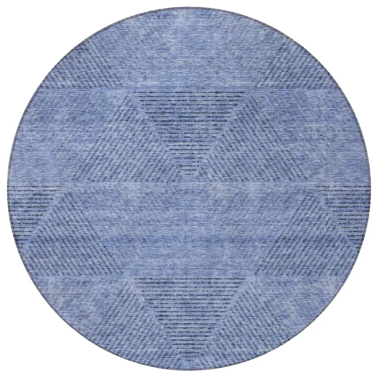 8' Denim Blue And Sky Blue Round Geometric Washable Indoor Outdoor Area Rug