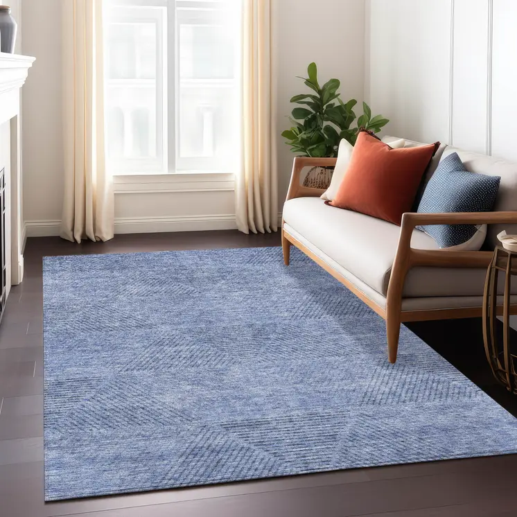 8' X 10' Denim Blue And Sky Blue Geometric Washable Indoor Outdoor Area Rug