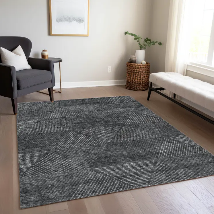 3' X 5' Charcoal Gray And Silver Geometric Washable Indoor Outdoor Area Rug