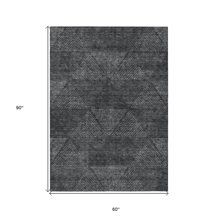 5' X 8' Charcoal Gray And Silver Geometric Washable Indoor Outdoor Area Rug