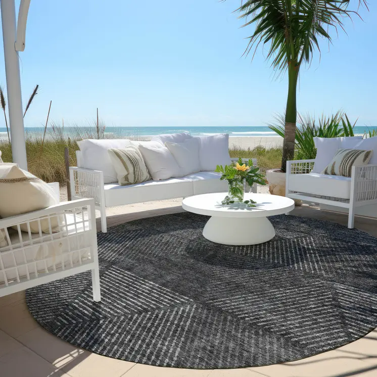 8' Charcoal Gray And Silver Round Geometric Washable Indoor Outdoor Area Rug