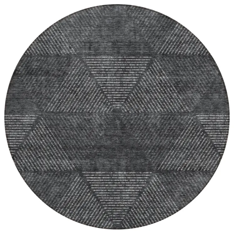 8' Charcoal Gray And Silver Round Geometric Washable Indoor Outdoor Area Rug