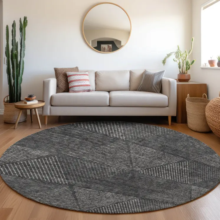 8' Charcoal Gray And Silver Round Geometric Washable Indoor Outdoor Area Rug
