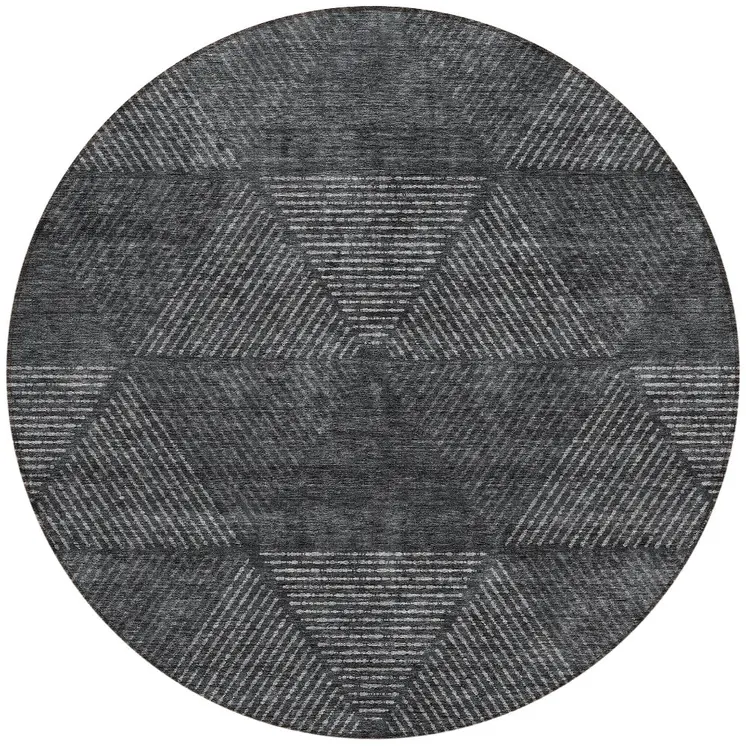 8' Charcoal Gray And Silver Round Geometric Washable Indoor Outdoor Area Rug