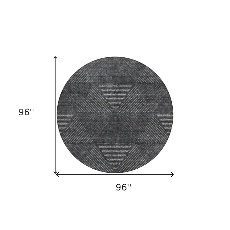 8' Charcoal Gray And Silver Round Geometric Washable Indoor Outdoor Area Rug