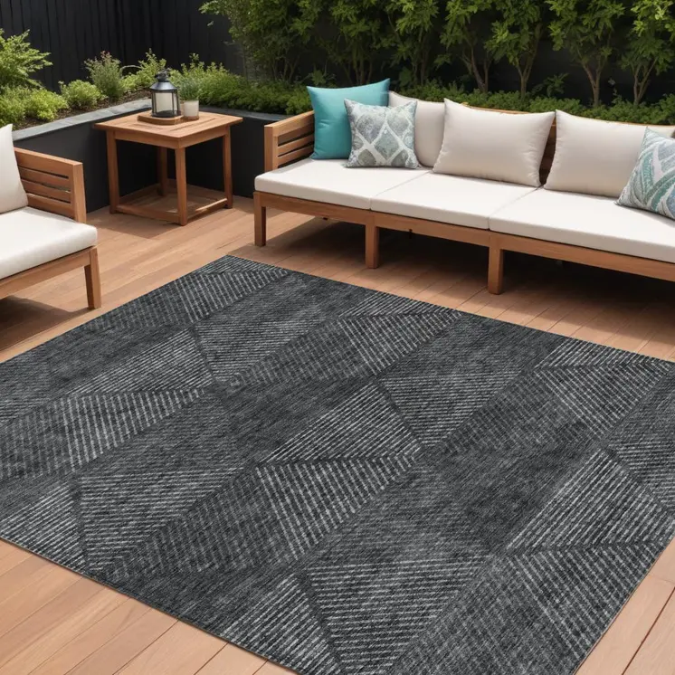 8' X 10' Charcoal Gray And Silver Geometric Washable Indoor Outdoor Area Rug