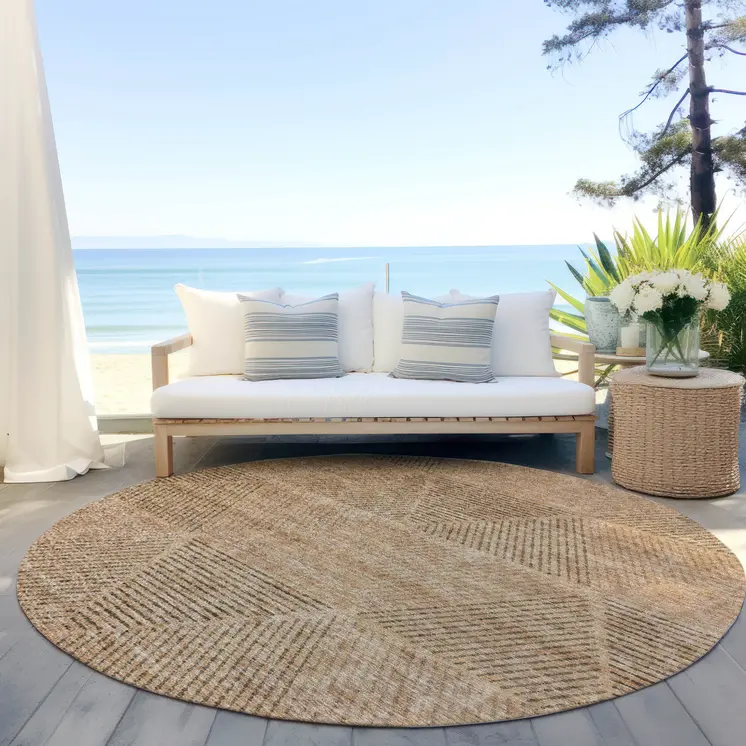 8' Copper Brown And Terra Cotta Round Geometric Washable Indoor Outdoor Area Rug