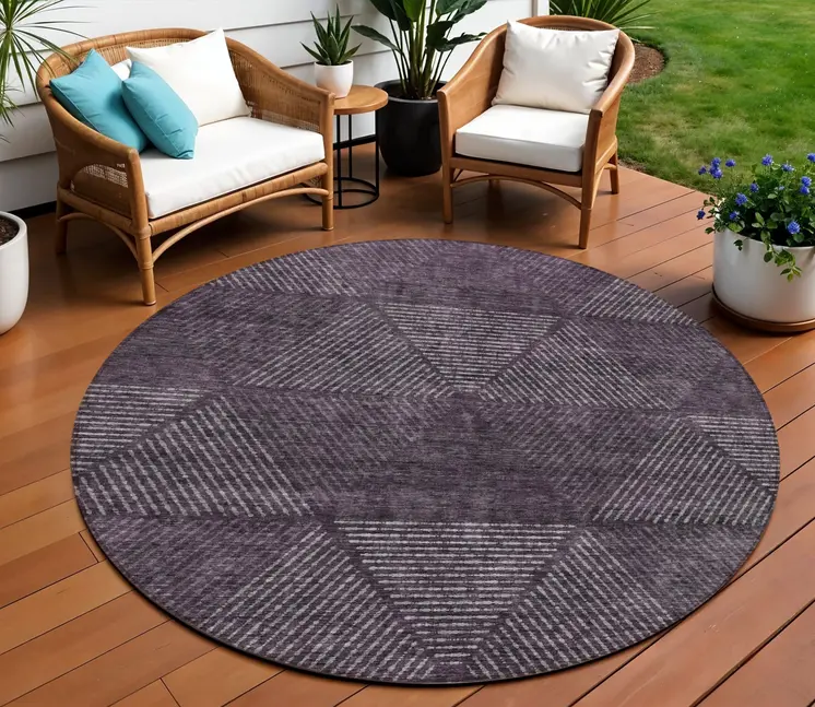 8' Eggplant Purple And Gray Round Geometric Washable Indoor Outdoor Area Rug