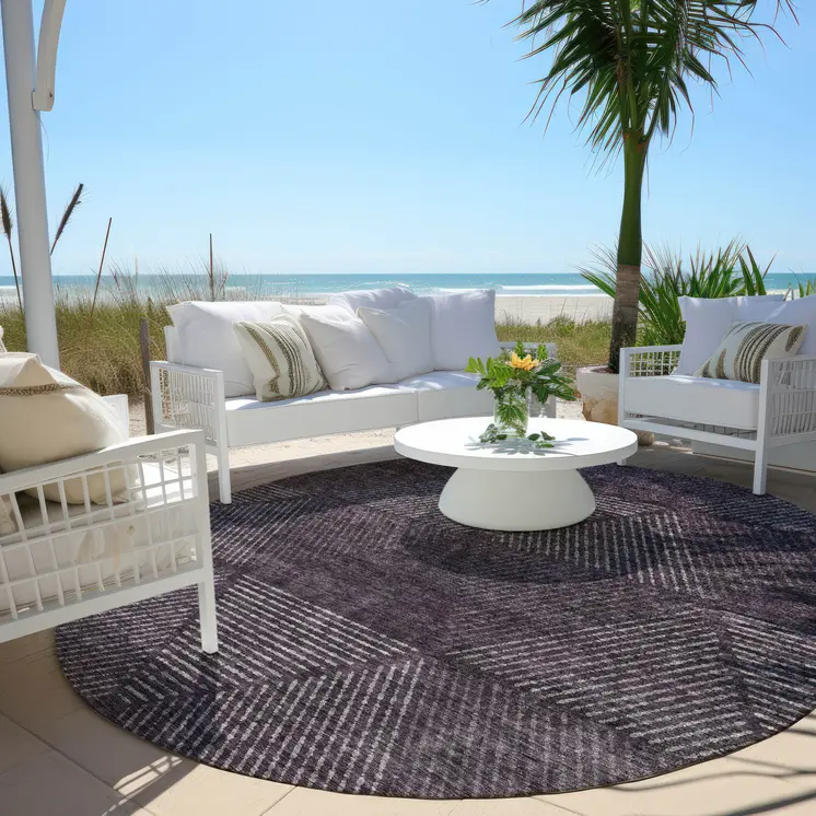 8' Eggplant Purple And Gray Round Geometric Washable Indoor Outdoor Area Rug