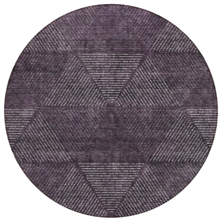 8' Eggplant Purple And Gray Round Geometric Washable Indoor Outdoor Area Rug