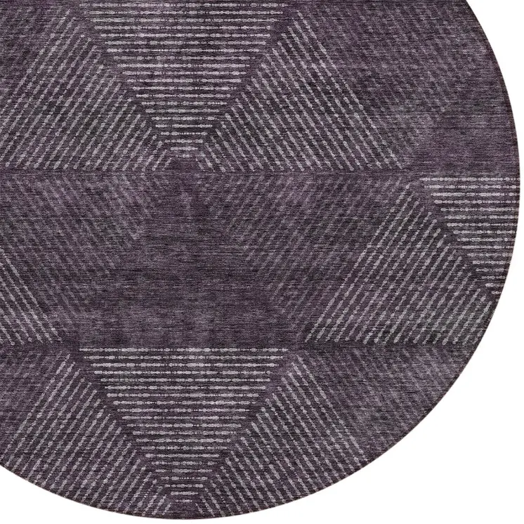 8' Eggplant Purple And Gray Round Geometric Washable Indoor Outdoor Area Rug