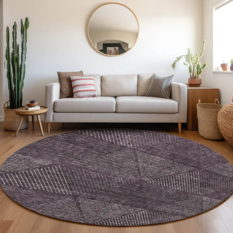 8' Eggplant Purple And Gray Round Geometric Washable Indoor Outdoor Area Rug