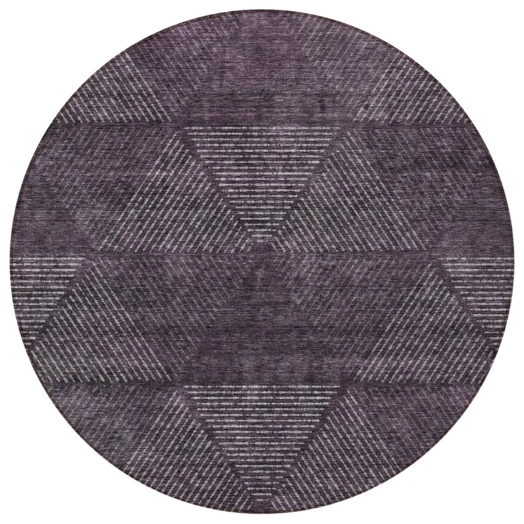 8' Eggplant Purple And Gray Round Geometric Washable Indoor Outdoor Area Rug
