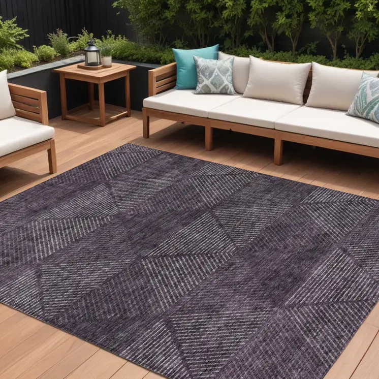 10' X 14' Eggplant Purple And Gray Geometric Washable Indoor Outdoor Area Rug