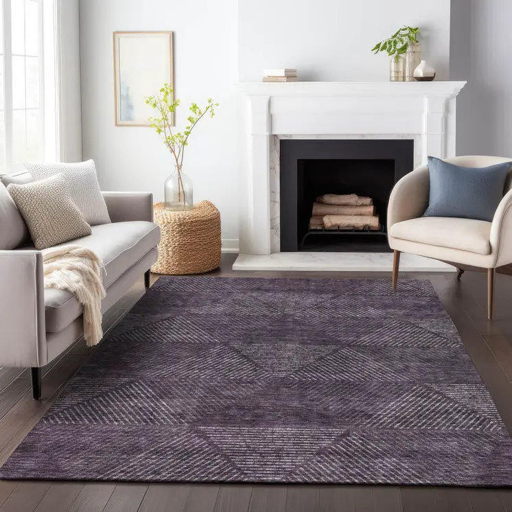 10' X 14' Eggplant Purple And Gray Geometric Washable Indoor Outdoor Area Rug