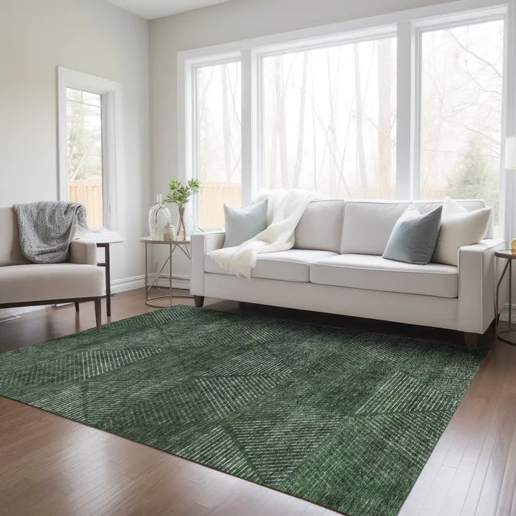 3' X 5' Fern Green And Emerald Geometric Washable Indoor Outdoor Area Rug