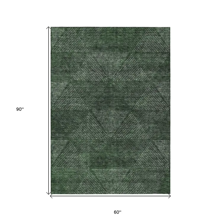 5' X 8' Fern Green And Emerald Geometric Washable Indoor Outdoor Area Rug