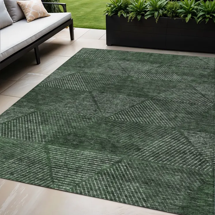 5' X 8' Fern Green And Emerald Geometric Washable Indoor Outdoor Area Rug