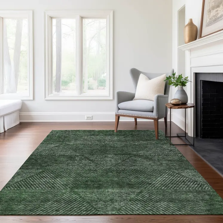 5' X 8' Fern Green And Emerald Geometric Washable Indoor Outdoor Area Rug