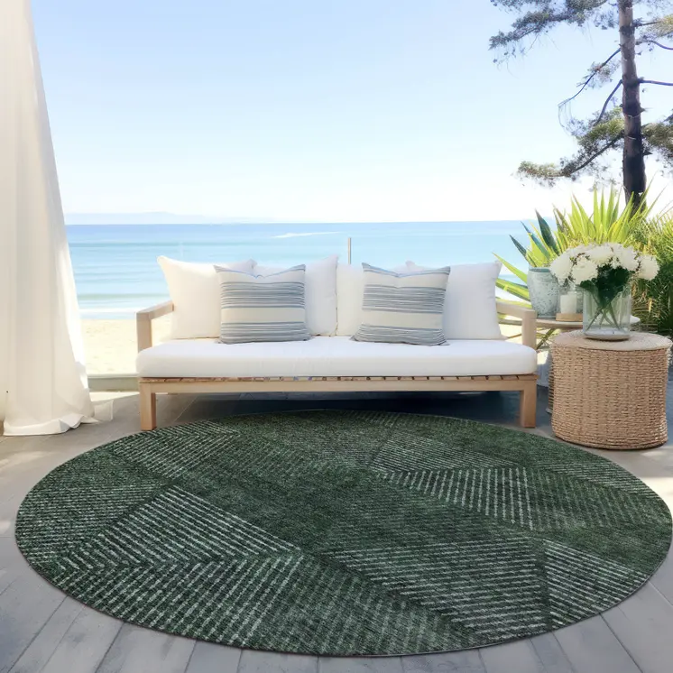 8' Fern Green And Emerald Round Geometric Washable Indoor Outdoor Area Rug