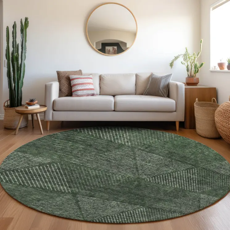 8' Fern Green And Emerald Round Geometric Washable Indoor Outdoor Area Rug