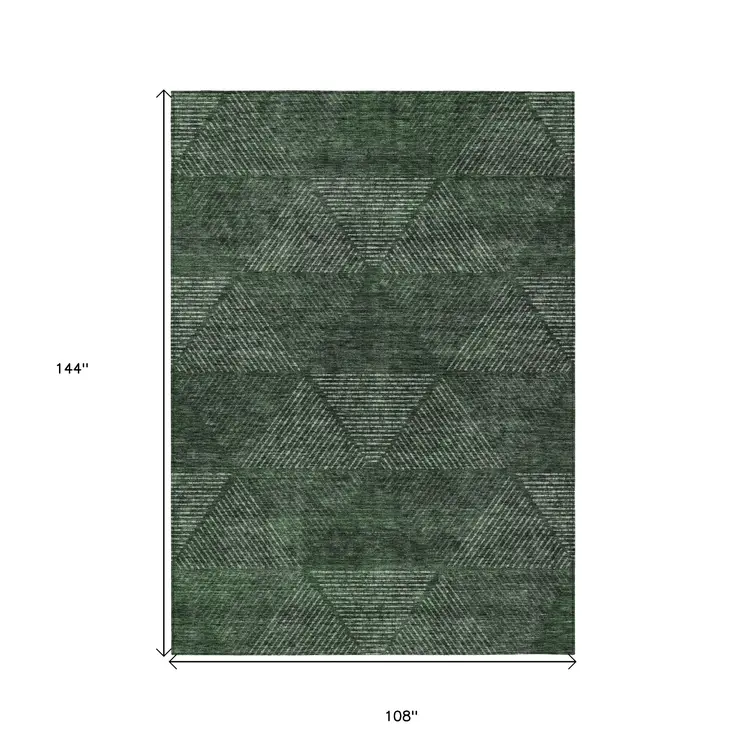 9' X 12' Fern Green And Emerald Geometric Washable Indoor Outdoor Area Rug