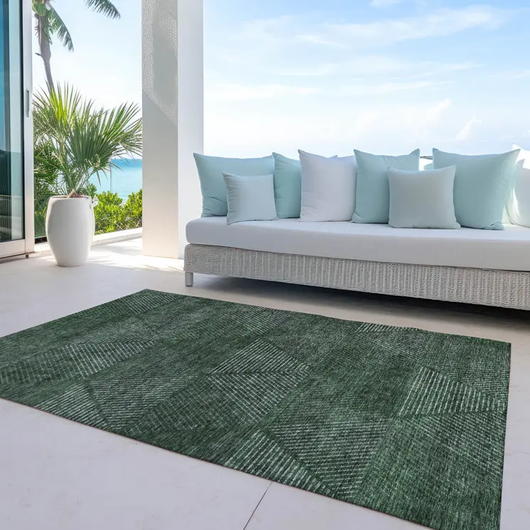 9' X 12' Fern Green And Emerald Geometric Washable Indoor Outdoor Area Rug