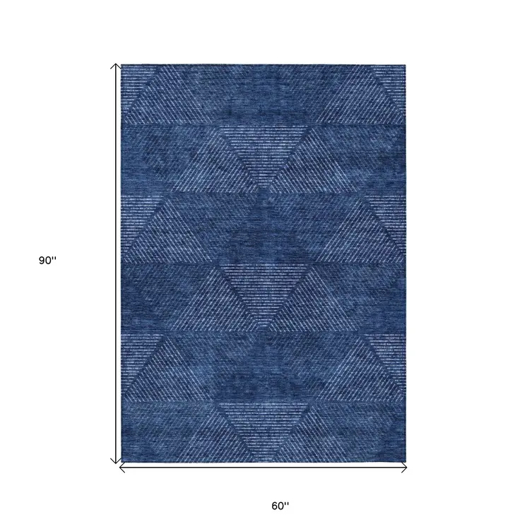 5' X 8' Navy Blue And Sky Blue Geometric Washable Indoor Outdoor Area Rug