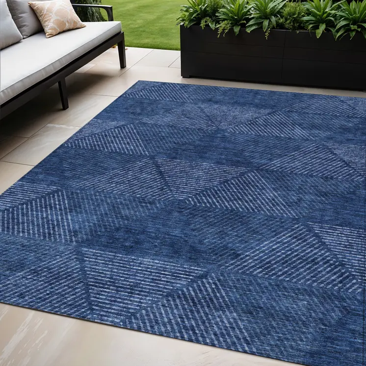 5' X 8' Navy Blue And Sky Blue Geometric Washable Indoor Outdoor Area Rug