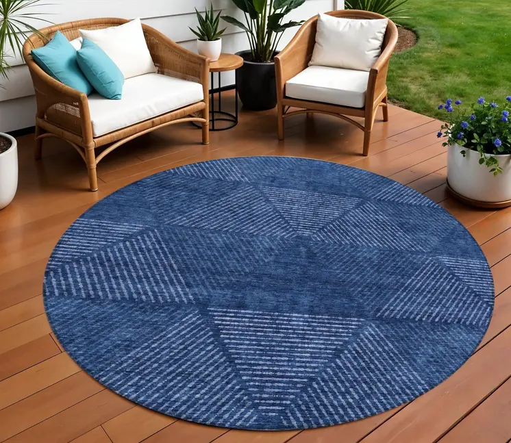 8' Navy Blue And Sky Blue Round Geometric Washable Indoor Outdoor Area Rug