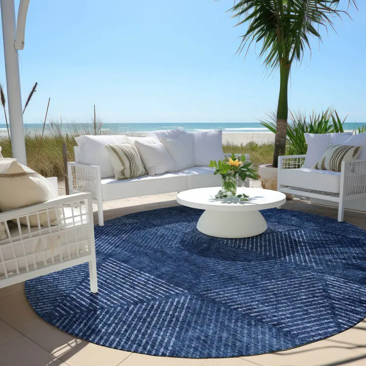 8' Navy Blue And Sky Blue Round Geometric Washable Indoor Outdoor Area Rug