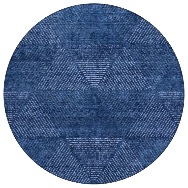 8' Navy Blue And Sky Blue Round Geometric Washable Indoor Outdoor Area Rug