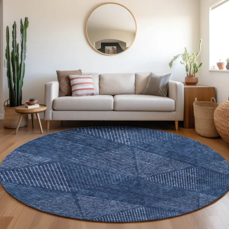 8' Navy Blue And Sky Blue Round Geometric Washable Indoor Outdoor Area Rug