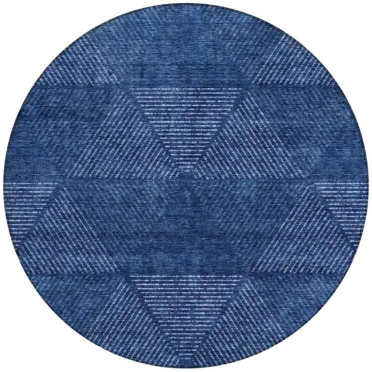 8' Navy Blue And Sky Blue Round Geometric Washable Indoor Outdoor Area Rug
