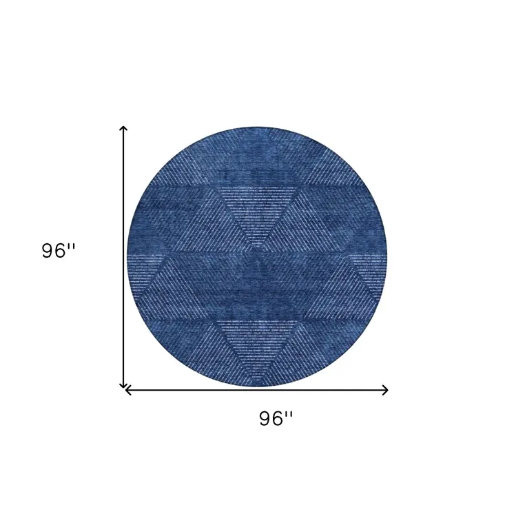 8' Navy Blue And Sky Blue Round Geometric Washable Indoor Outdoor Area Rug