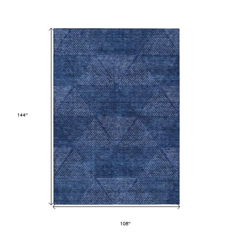 9' X 12' Navy Blue And Sky Blue Geometric Washable Indoor Outdoor Area Rug