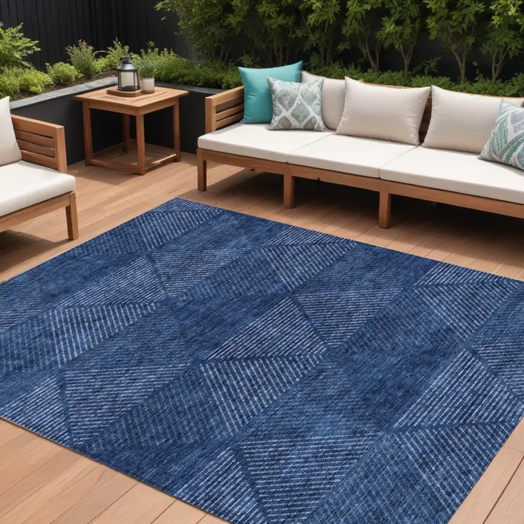 10' X 14' Navy Blue And Sky Blue Geometric Washable Indoor Outdoor Area Rug