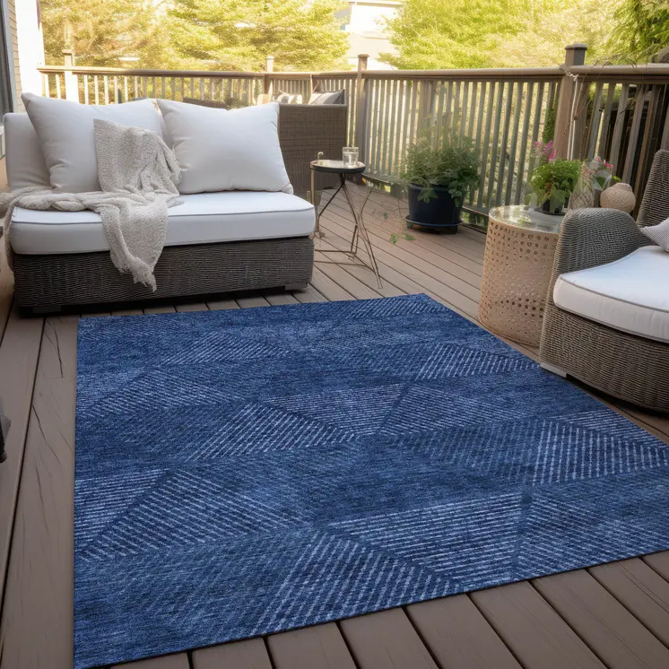 10' X 14' Navy Blue And Sky Blue Geometric Washable Indoor Outdoor Area Rug