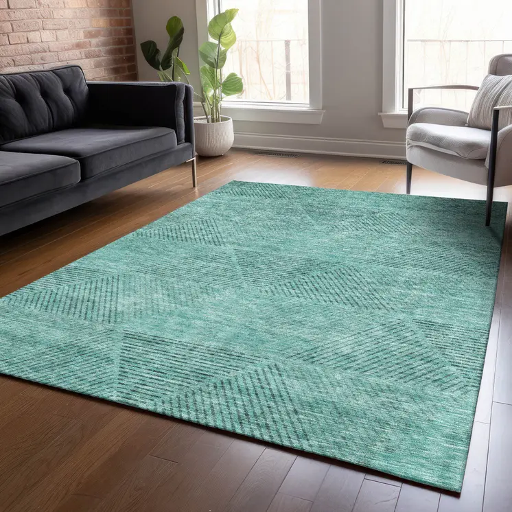 5' X 8' Teal Blue And Aqua Geometric Washable Indoor Outdoor Area Rug