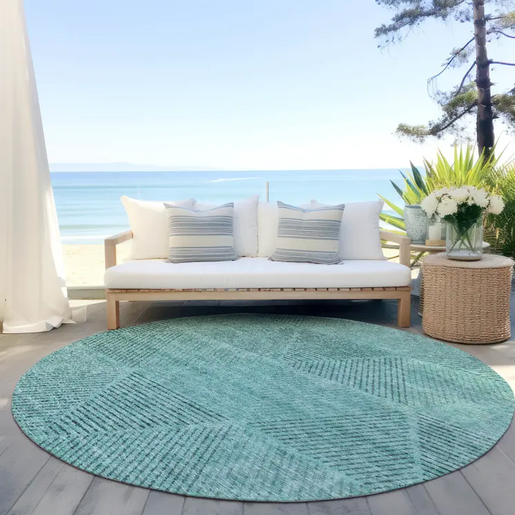 8' Teal Blue And Aqua Round Geometric Washable Indoor Outdoor Area Rug