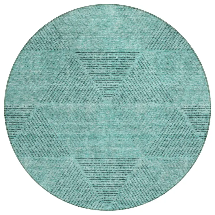 8' Teal Blue And Aqua Round Geometric Washable Indoor Outdoor Area Rug