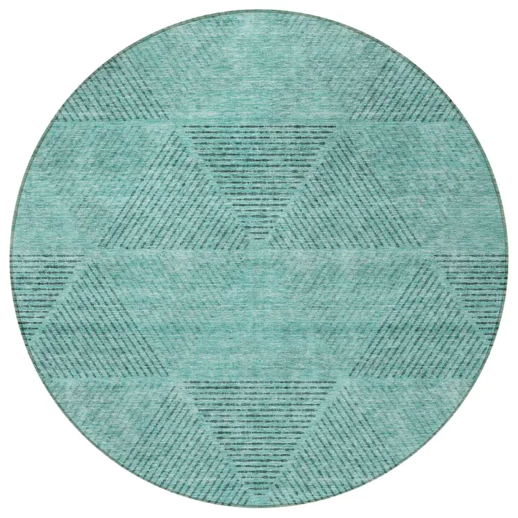 8' Teal Blue And Aqua Round Geometric Washable Indoor Outdoor Area Rug