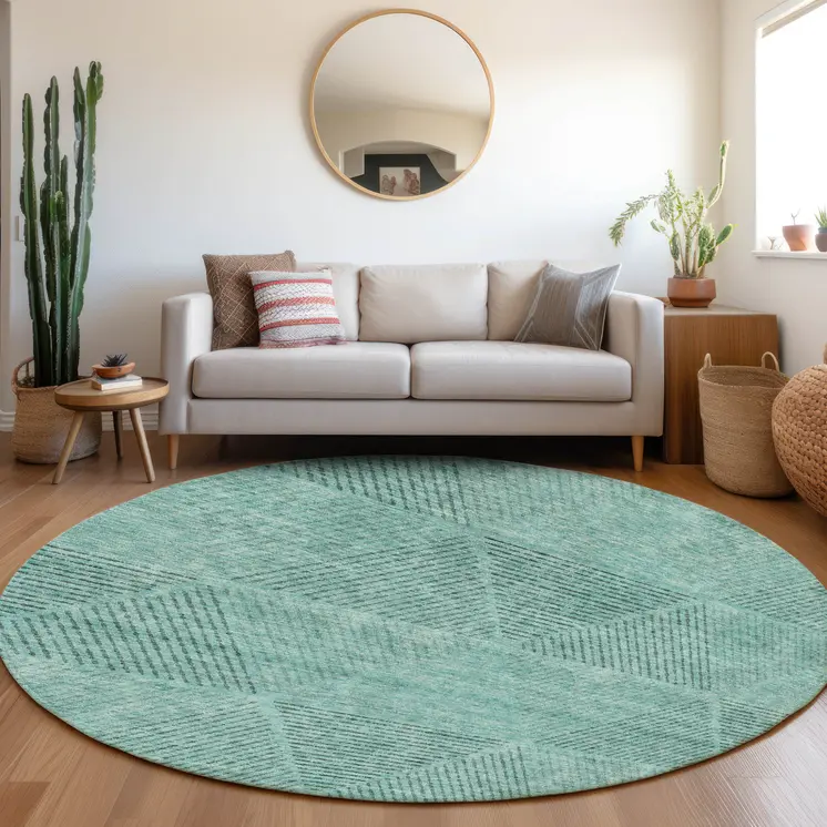 8' Teal Blue And Aqua Round Geometric Washable Indoor Outdoor Area Rug