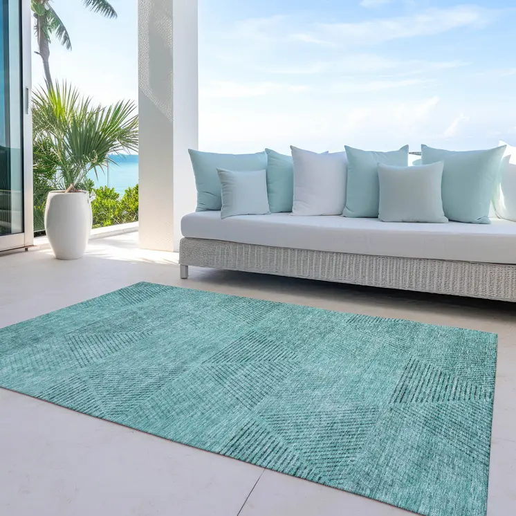 9' X 12' Teal Blue And Aqua Geometric Washable Indoor Outdoor Area Rug