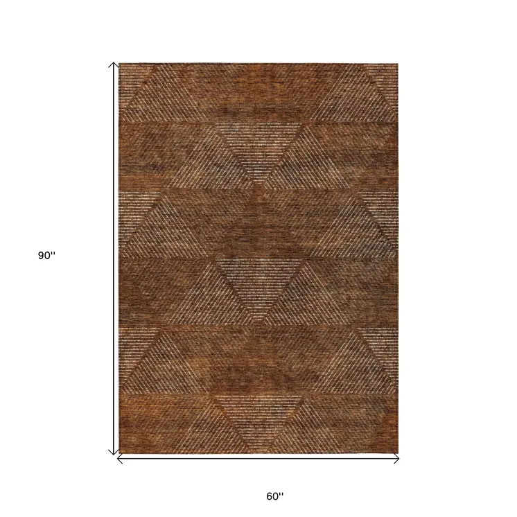 5' X 8' Terra Cotta Copper And Beige Geometric Washable Indoor Outdoor Area Rug