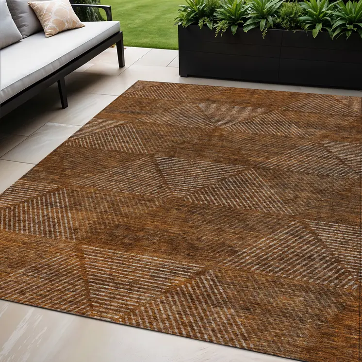 5' X 8' Terra Cotta Copper And Beige Geometric Washable Indoor Outdoor Area Rug