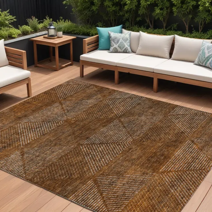 10' X 14' Terra Cotta Copper And Beige Geometric Washable Indoor Outdoor Area Rug