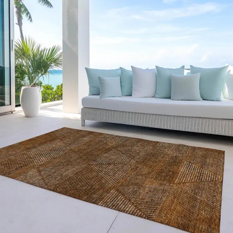 10' X 14' Terra Cotta Copper And Beige Geometric Washable Indoor Outdoor Area Rug