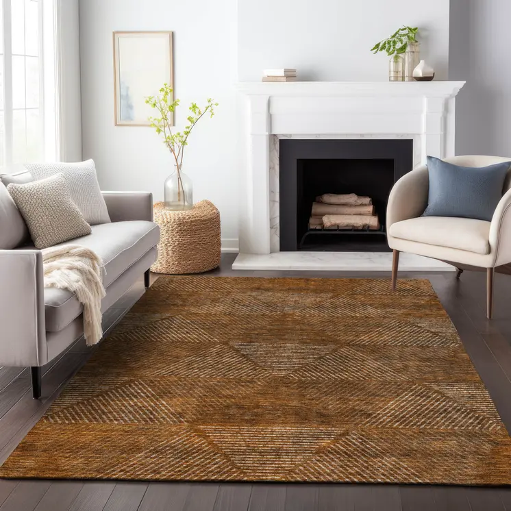 10' X 14' Terra Cotta Copper And Beige Geometric Washable Indoor Outdoor Area Rug