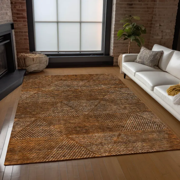 10' X 14' Terra Cotta Copper And Beige Geometric Washable Indoor Outdoor Area Rug